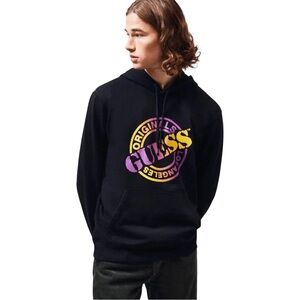 GUESS Men's Black Sweatshirt Hoodie Purple Yellow Logo Size Medium EUC